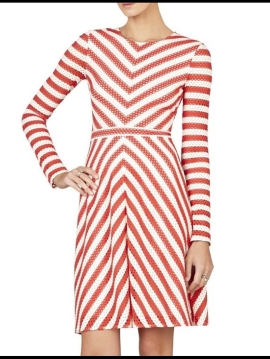 BCBGMaxAzria Dresses & Skirts - BCBGMaxAzria Kristina Red and White Chevron Long-Sleeve Fit-and-Flare Dress Size